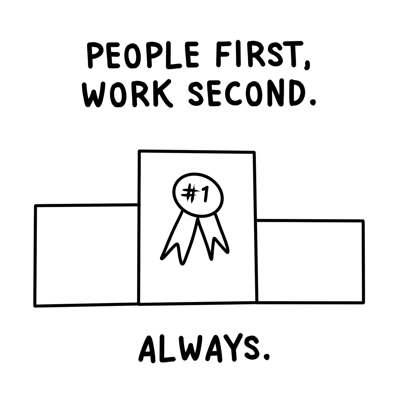 A black and white drawing of a winners' podium with three levels, with a medal labeled '#1' hanging from the center, and the text 'People first, work second. Always.' at the top and bottom.