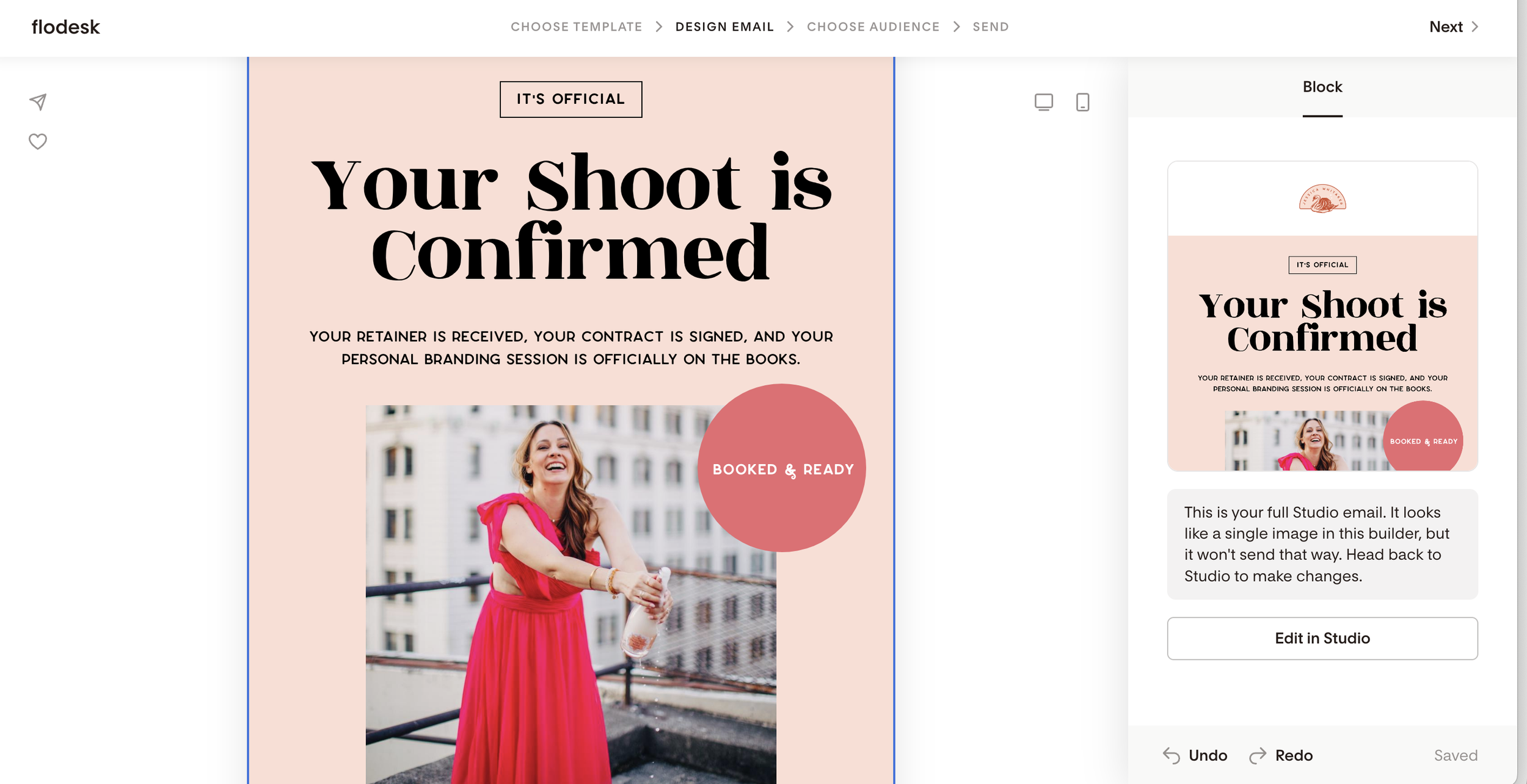 Finished branding photoshoot confirmation email open in the Flodesk builder, ready to send