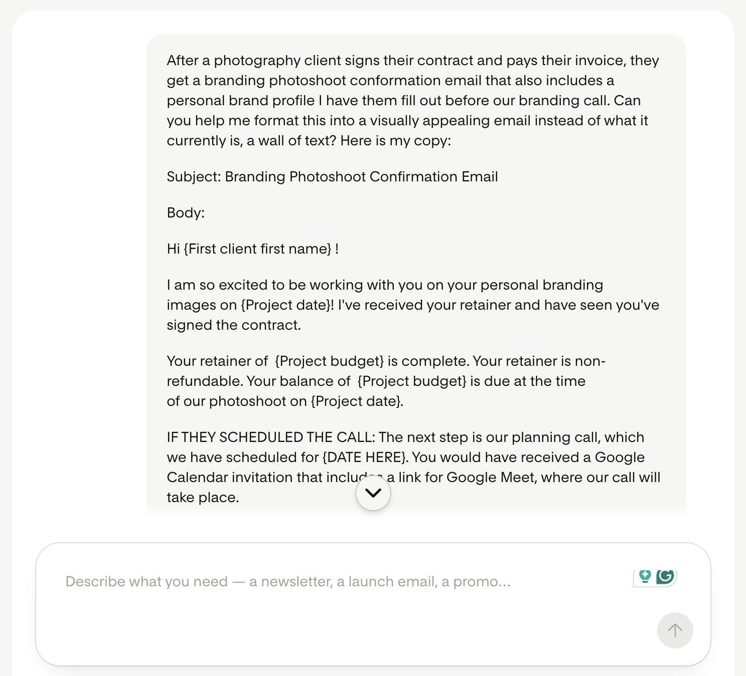 Pasting a photography client confirmation email into Flodesk Studio to redesign it