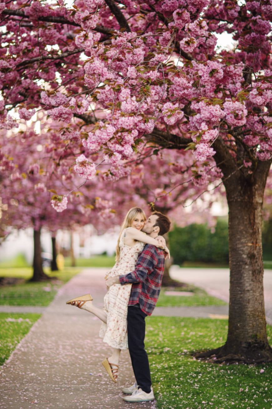 Romantic Spring Engagement in the Cherry Blossoms | Greater Seattle Area Couples Photoshoot