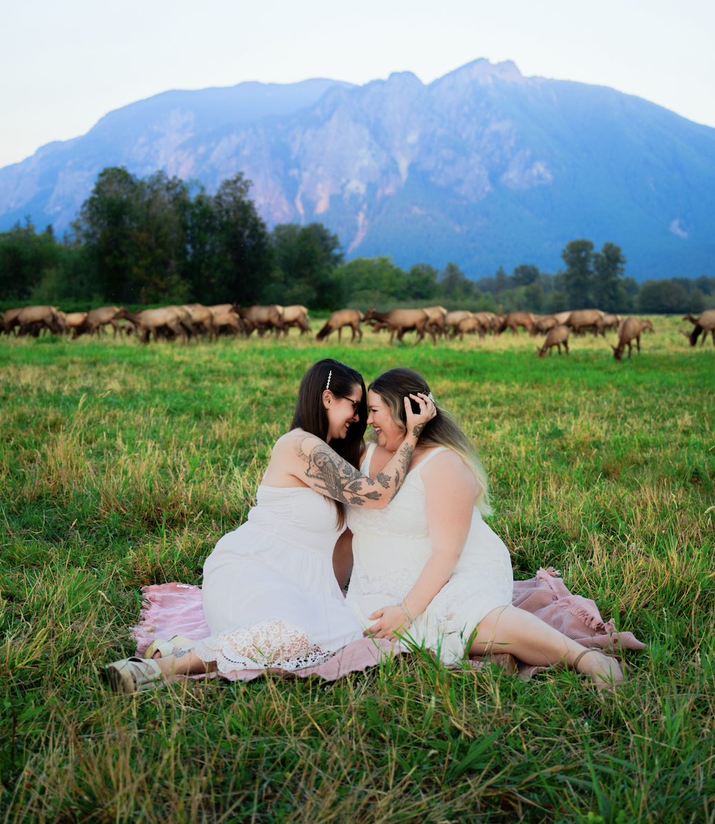 Lesbian Couple Engagement Photoshoot at Elk Fields in Front of Mt. Si, North Bend, Washington