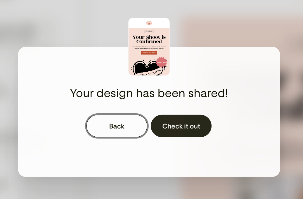Confirmation that the Flodesk Studio email design has been shared to Flodesk