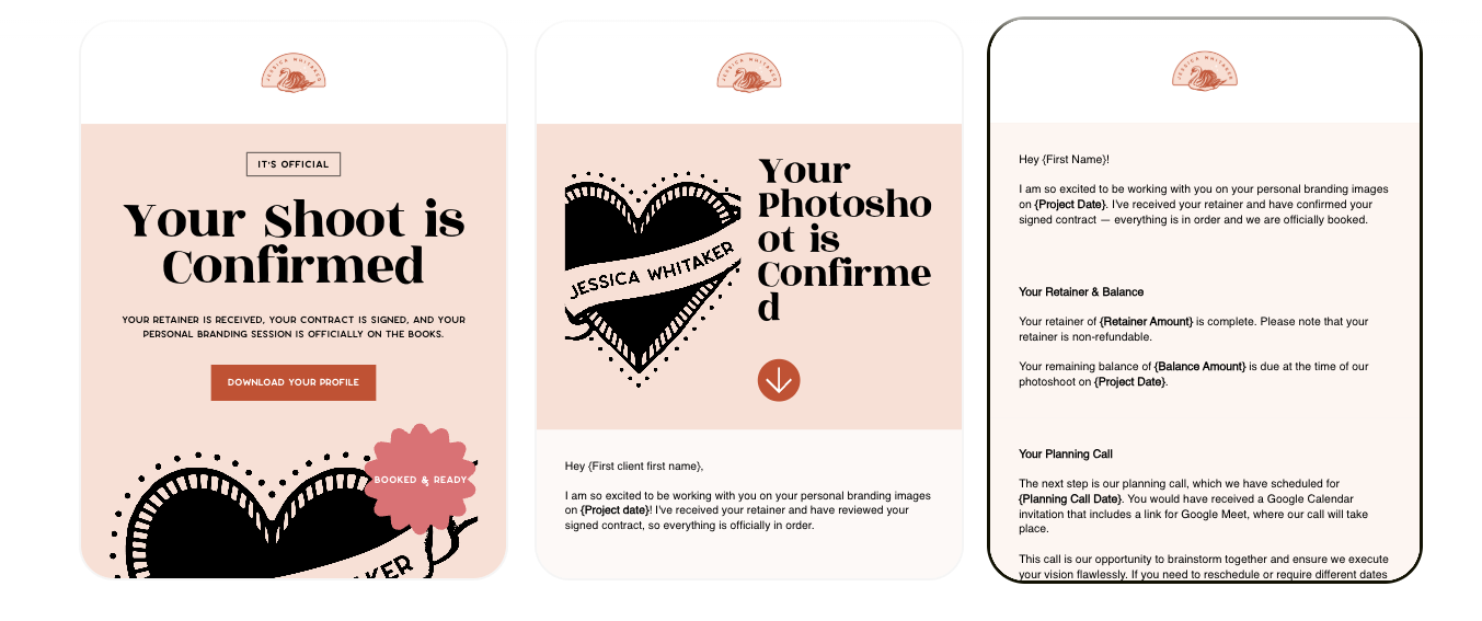 Three on-brand email design options generated by Flodesk Studio