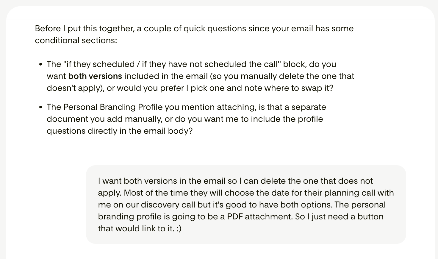 Flodesk Studio asking clarifying questions before it designs the email