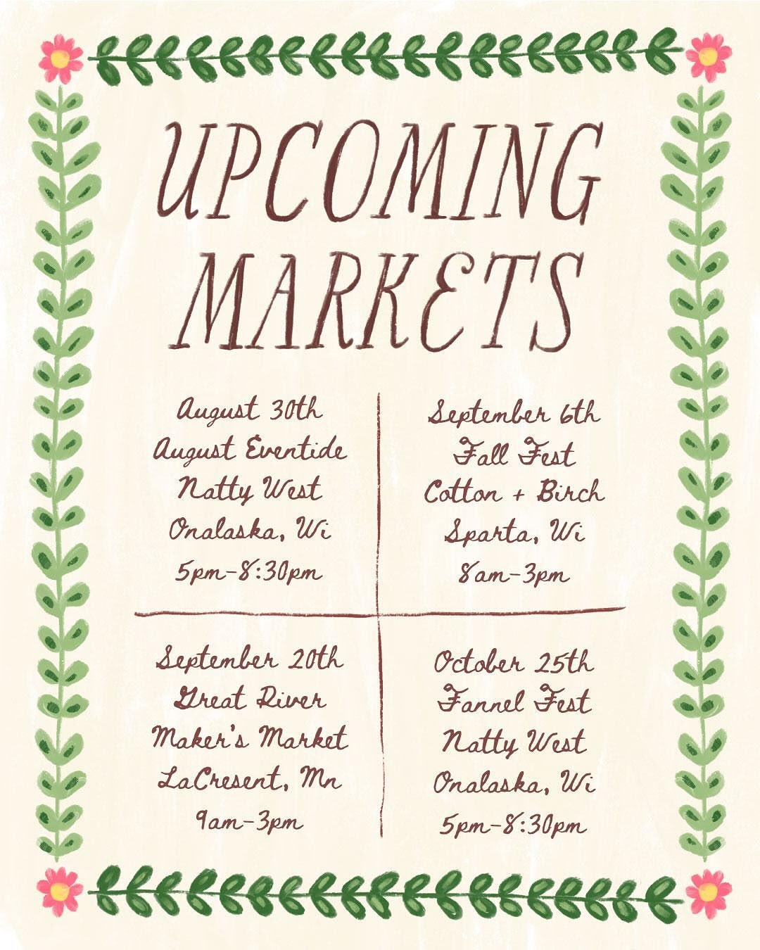 Officially kicking off market season tomorrow! I’ll be at August Eventide at @shopnattywest in Onalaska from 5–8 PM! I’ll have all your favorites (including my best-selling Pumpkin Tea Towels — hooray for fall, am I right?!? ?