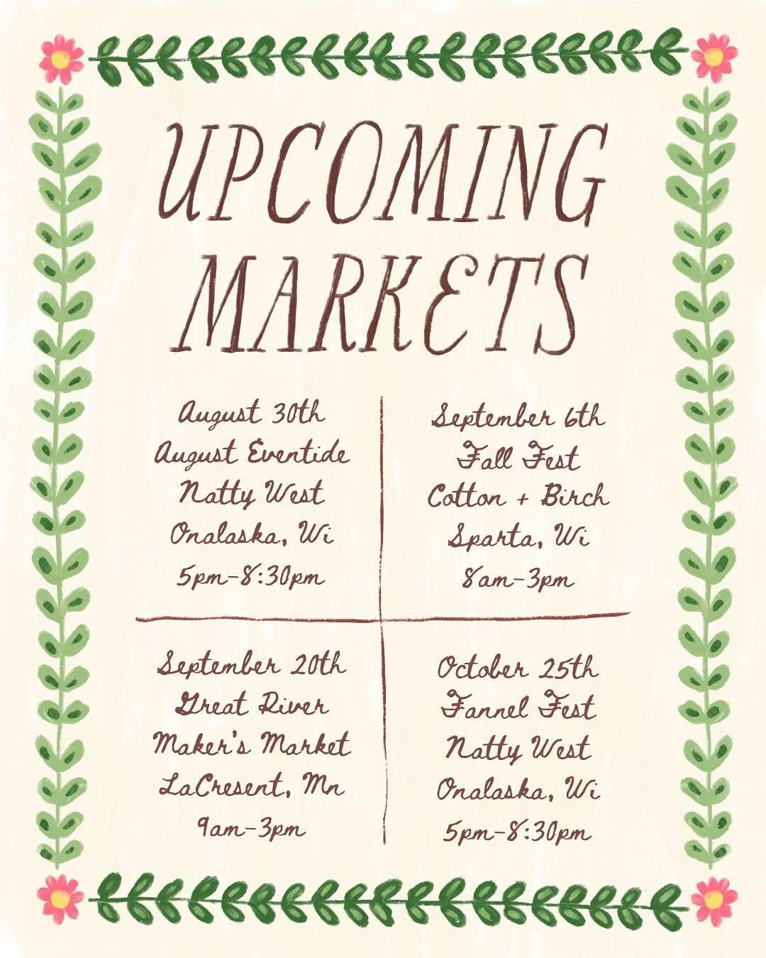 Officially kicking off market season tomorrow! I&rsquo;ll be at August Eventide at @shopnattywest in Onalaska from 5&ndash;8 PM! I&rsquo;ll have all your favorites (including my best-selling Pumpkin Tea Towels &mdash; hooray for fall, am I right?!? ?