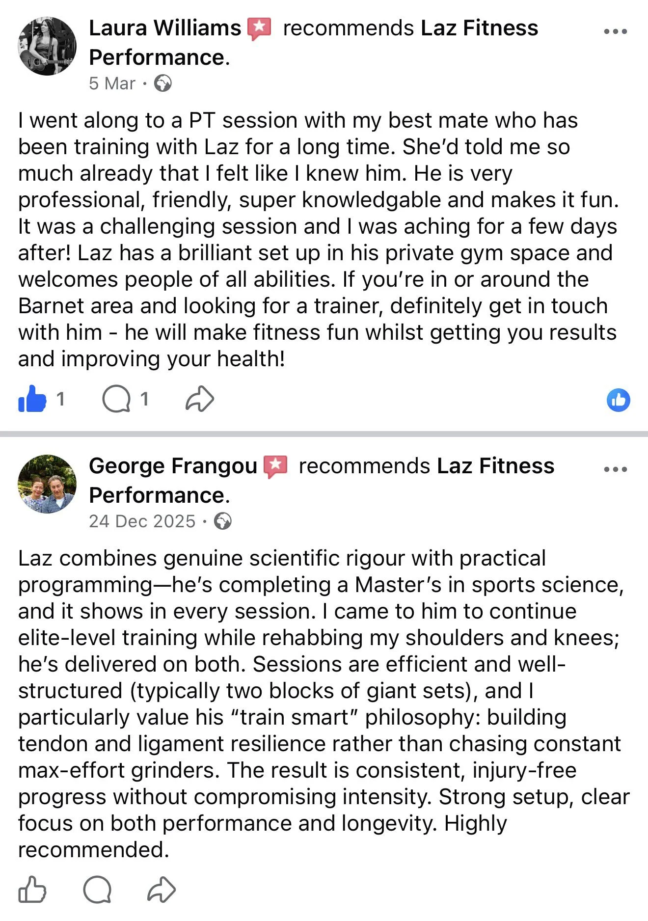 Facebook post showing reviews for Laz Fitness Performance, featuring text about personal training sessions and fitness experiences.