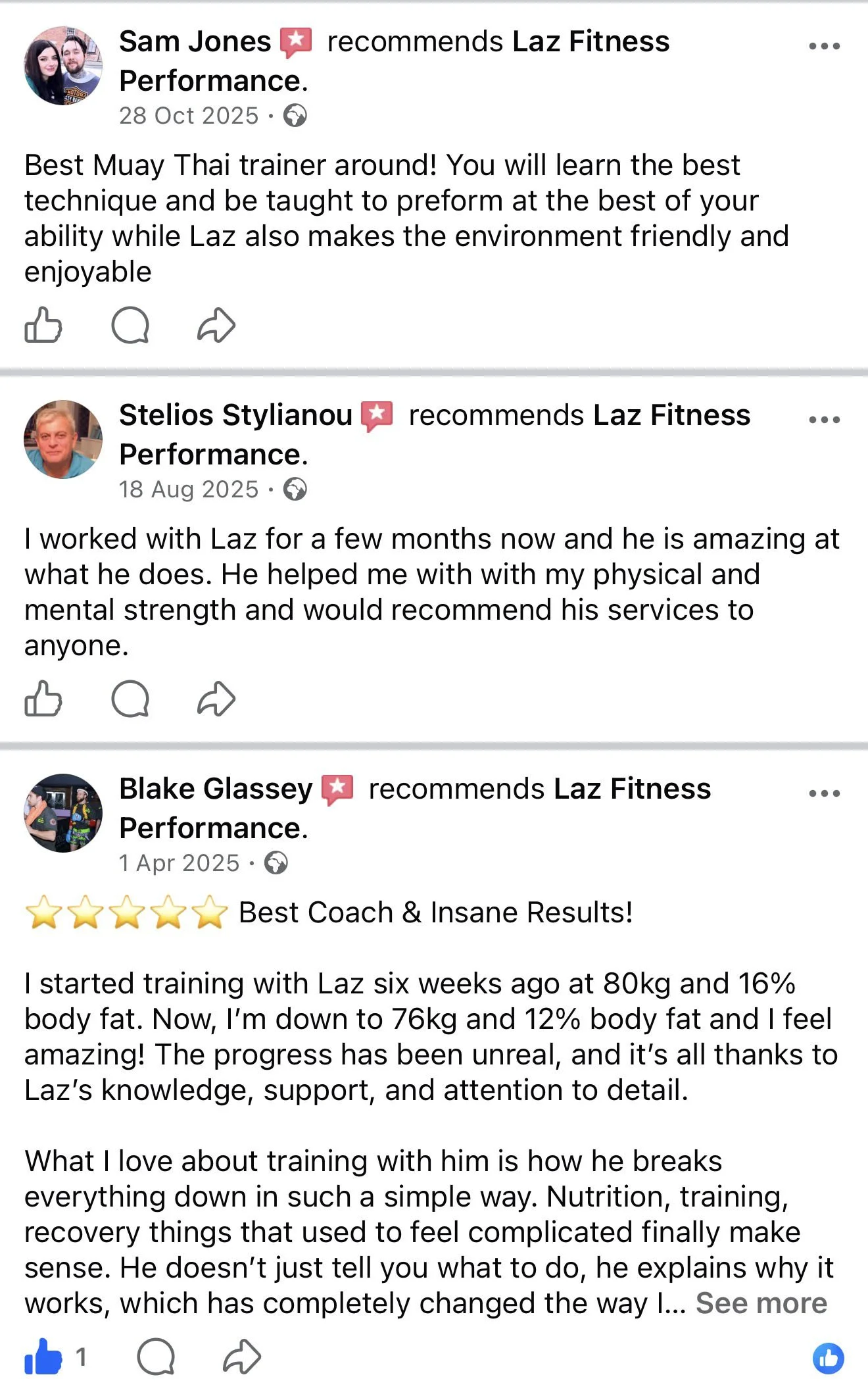 Screenshot of Facebook reviews endorsing Laz Fitness Performance, highlighting training effectiveness and personal success stories.