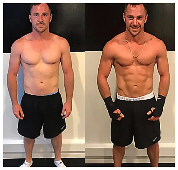 Side-by-side comparison of a man before and after losing muscle and body fat, showcasing his transformation.