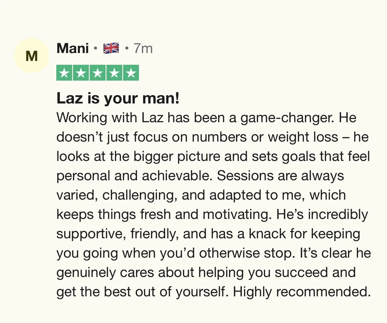 Customer review for Laz, featuring 5-star rating and positive testimonial about working with Laz for fitness coaching.