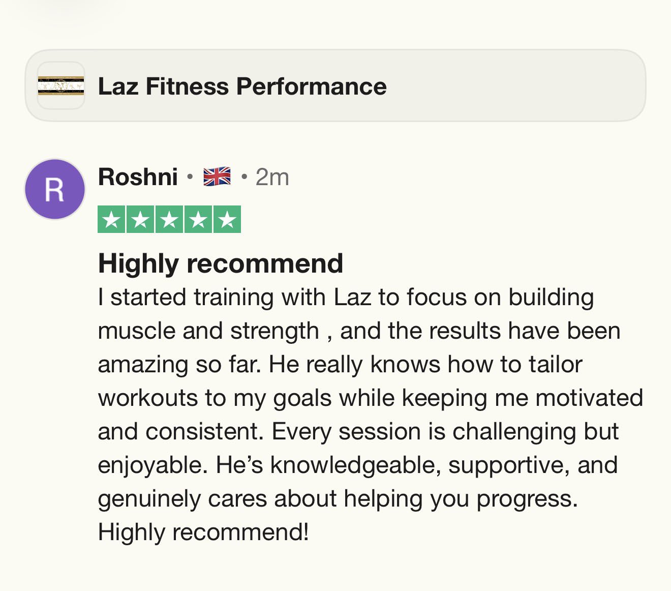 Screenshot of a review for Laz Fitness Performance, with a five-star rating and a positive comment about training and workout support.