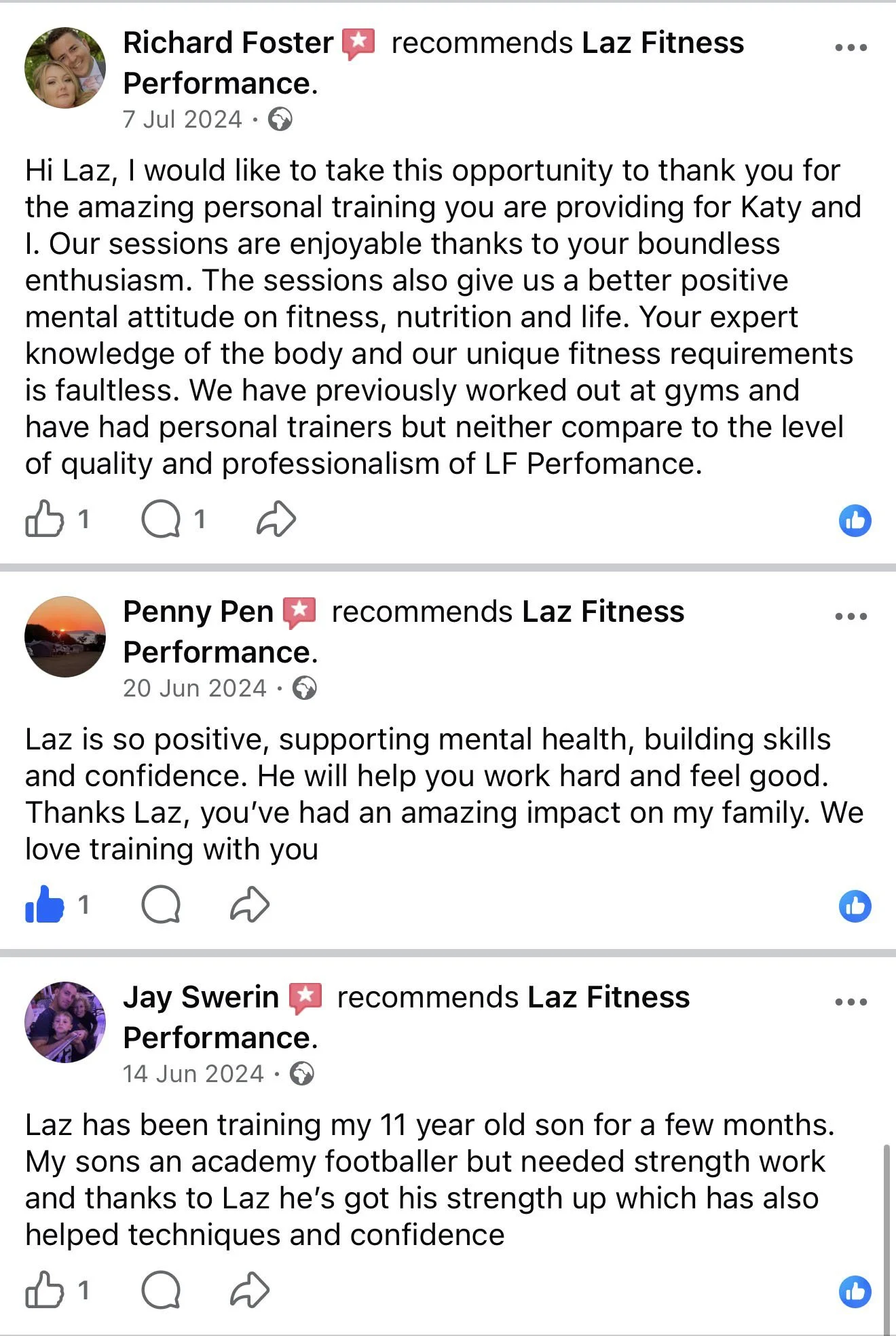 Screenshots of Facebook posts featuring reviews and recommendations for Laz Fitness Performance, with profile pictures of users Richard Foster, Penny Pen, and Jay Swerin.