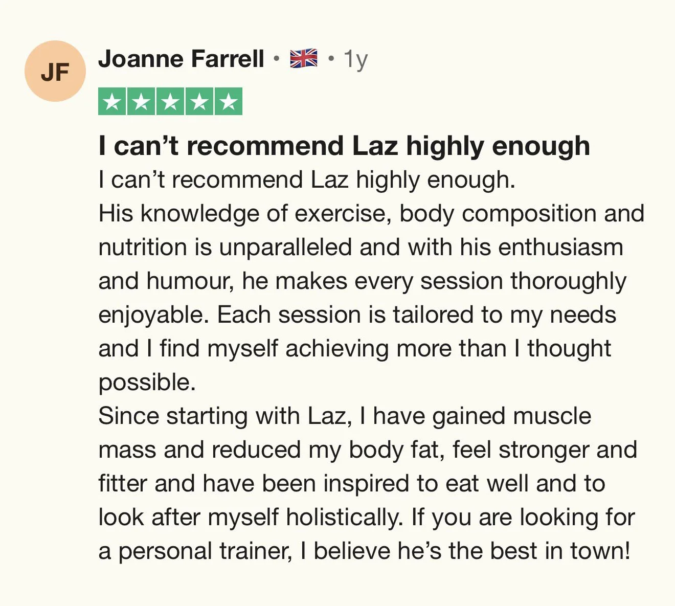 A review excerpt for a personal trainer named Laz, praising his knowledge, enthusiasm, and tailored sessions, with a 5-star rating.