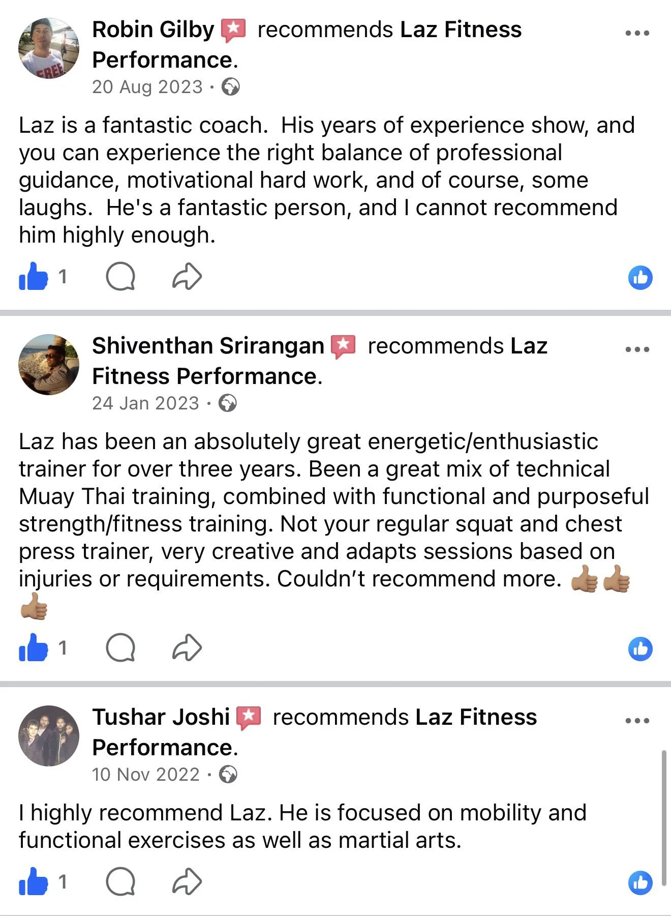 Screenshots of Facebook reviews recommending Laz Fitness Performance, describing positive experiences with trainers and their training programs.