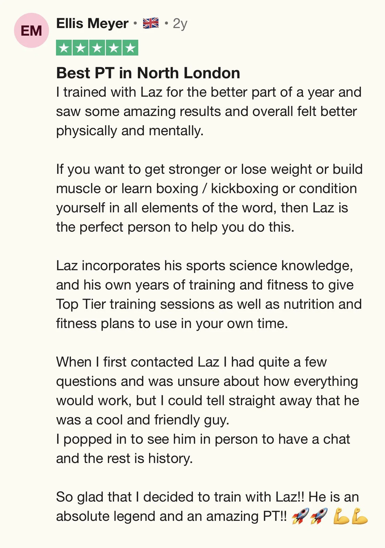 Positive review for a personal trainer named Laz, with four star ratings, written by Ellis Meyer, praising Laz's expertise and friendliness, with rocket and muscle emojis.