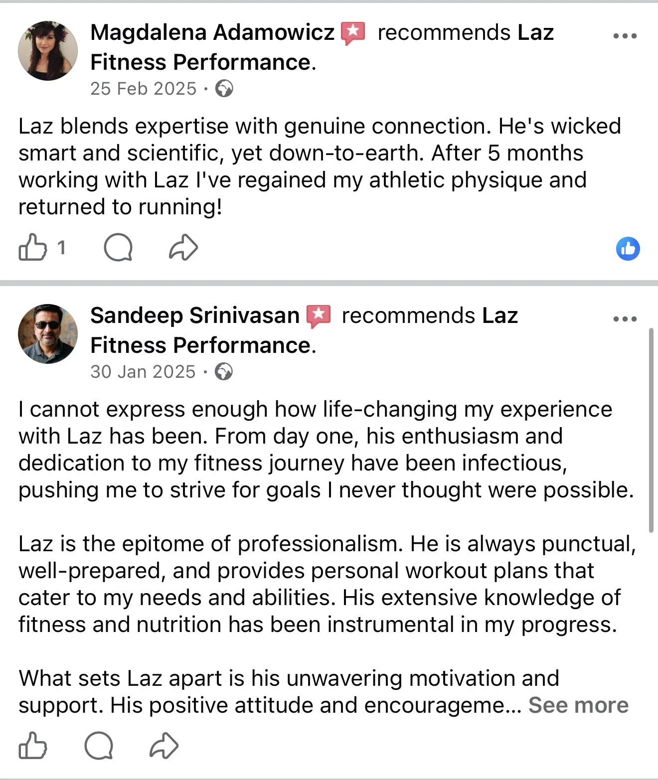 Screenshots of Facebook reviews praising Laz Fitness Performance, featuring profile pictures of Magdalena Adamowicz and Sandeep Srinivasan.