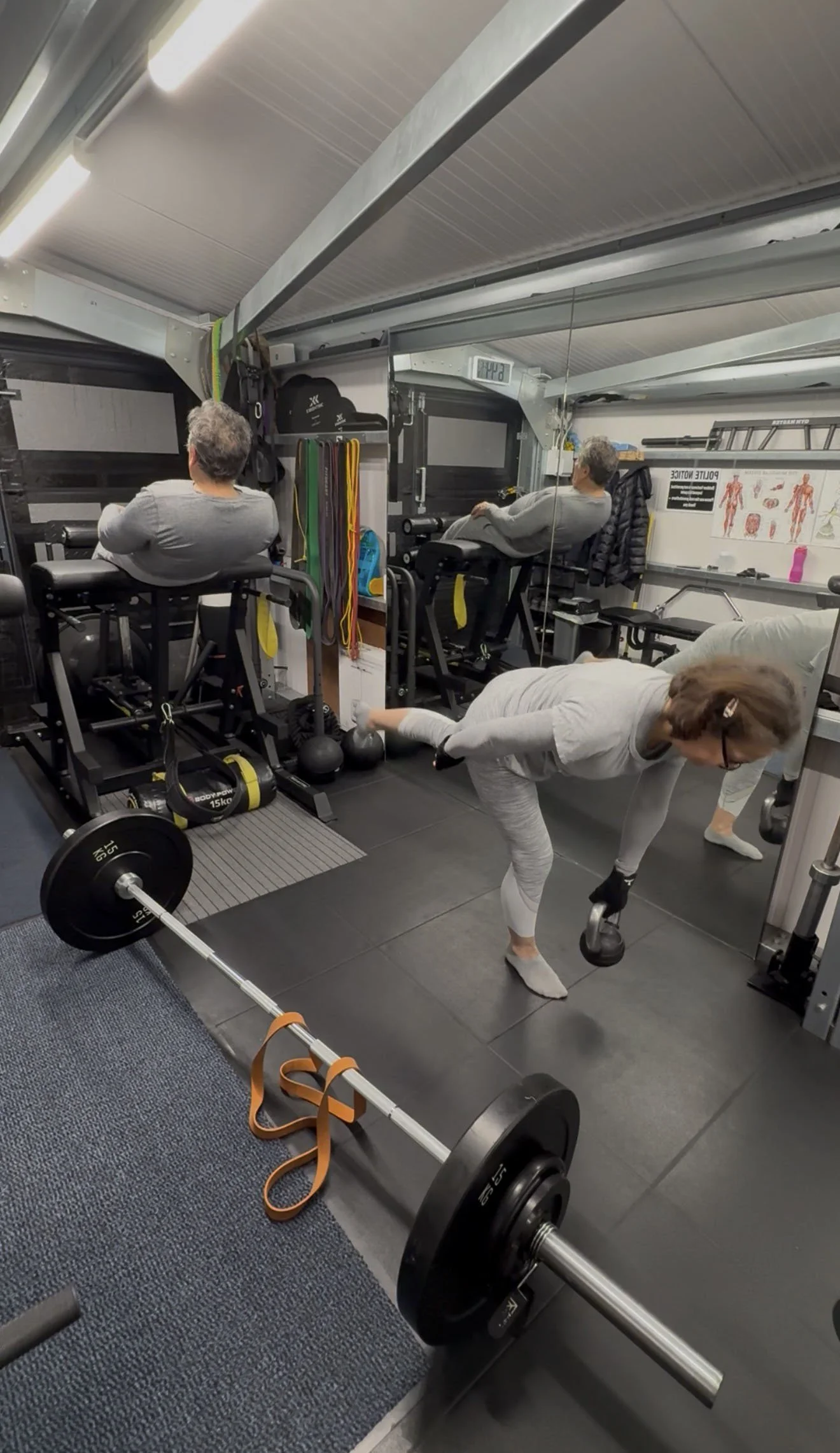 A gym with two people working out. One person is doing a back exercise on a machine, while the other person is using a kettlebell for a workout. Various gym equipment like weights, resistance bands, and a mirror are visible.
