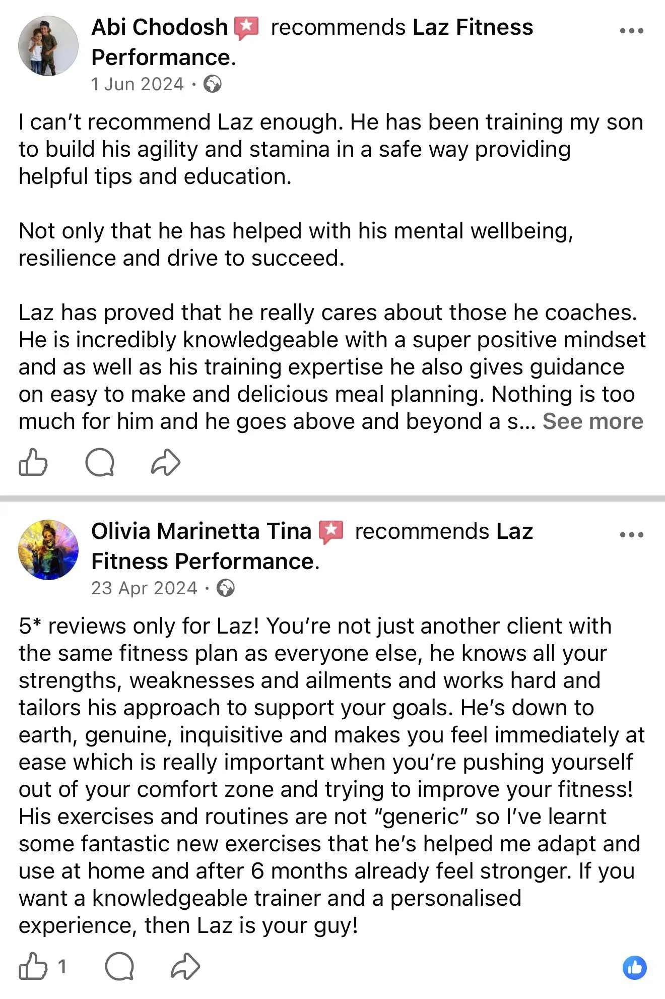 Facebook reviews about Laz Fitness Performance.