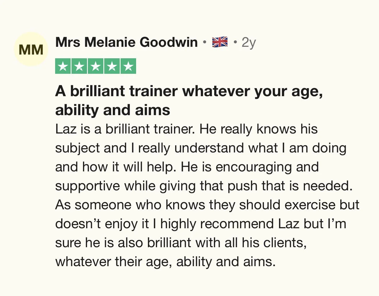 Review with five stars for Mrs Melanie Goodwin, a trainer praised for her expertise, encouragement, and support, regardless of age, ability, or aims.