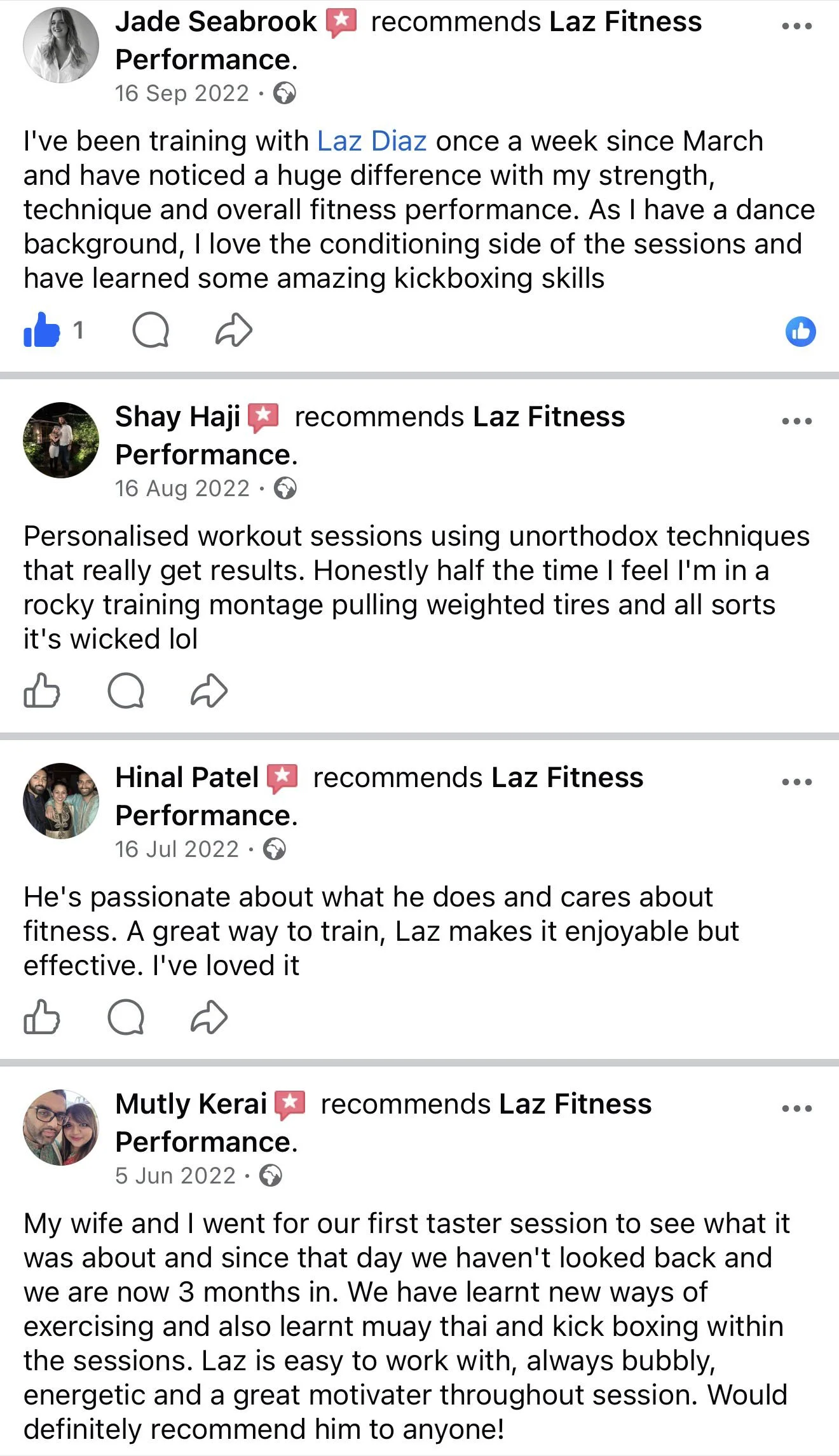 Screenshots of Facebook testimonials praising Laz Fitness Performance, featuring profile pictures, names, and reviews about personal training and workout sessions.