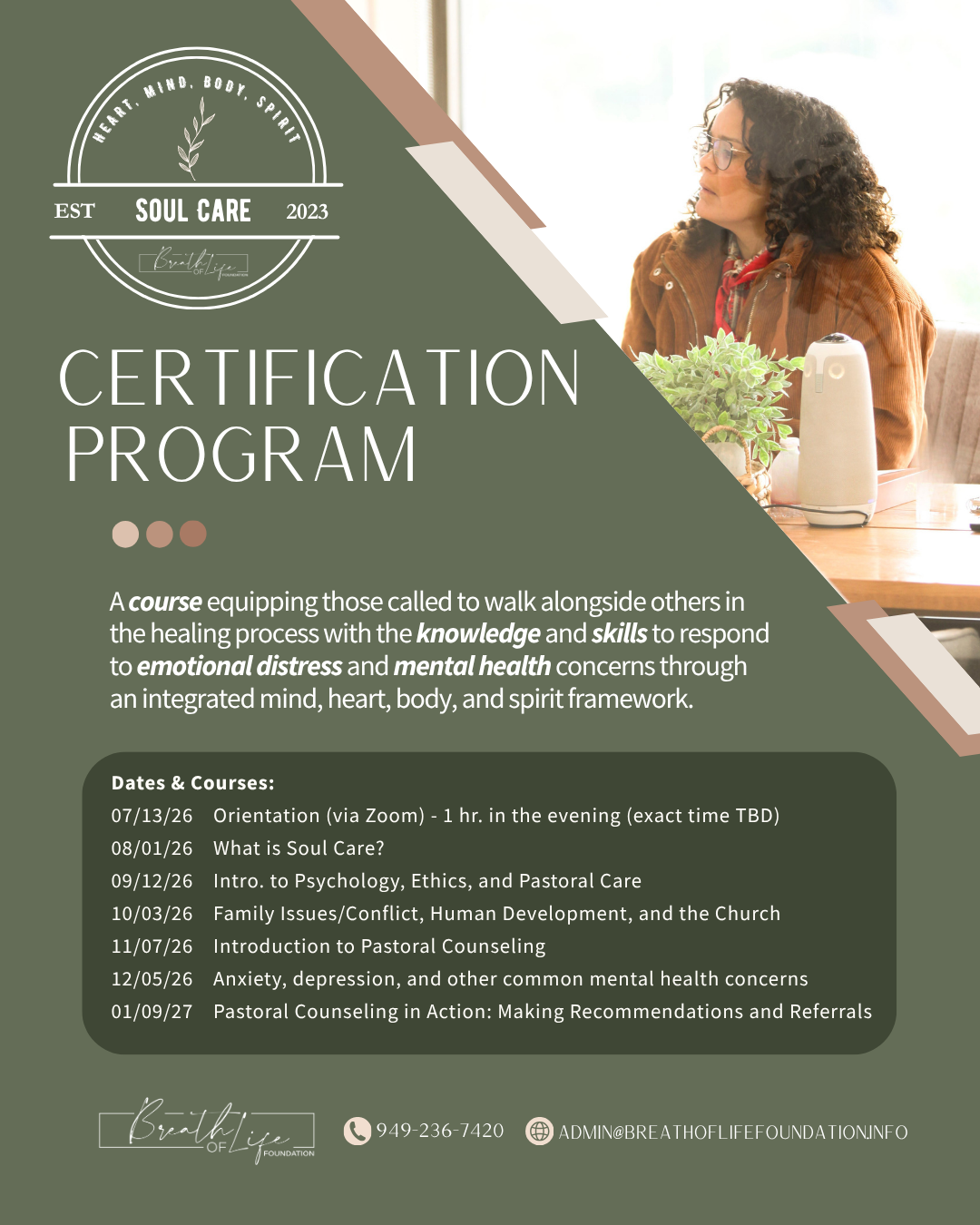 Flyer for Soul Care certification program featuring a woman with curly hair and glasses sitting at a table with plants and a diffuser, green and beige color scheme, details of course dates and contact information.