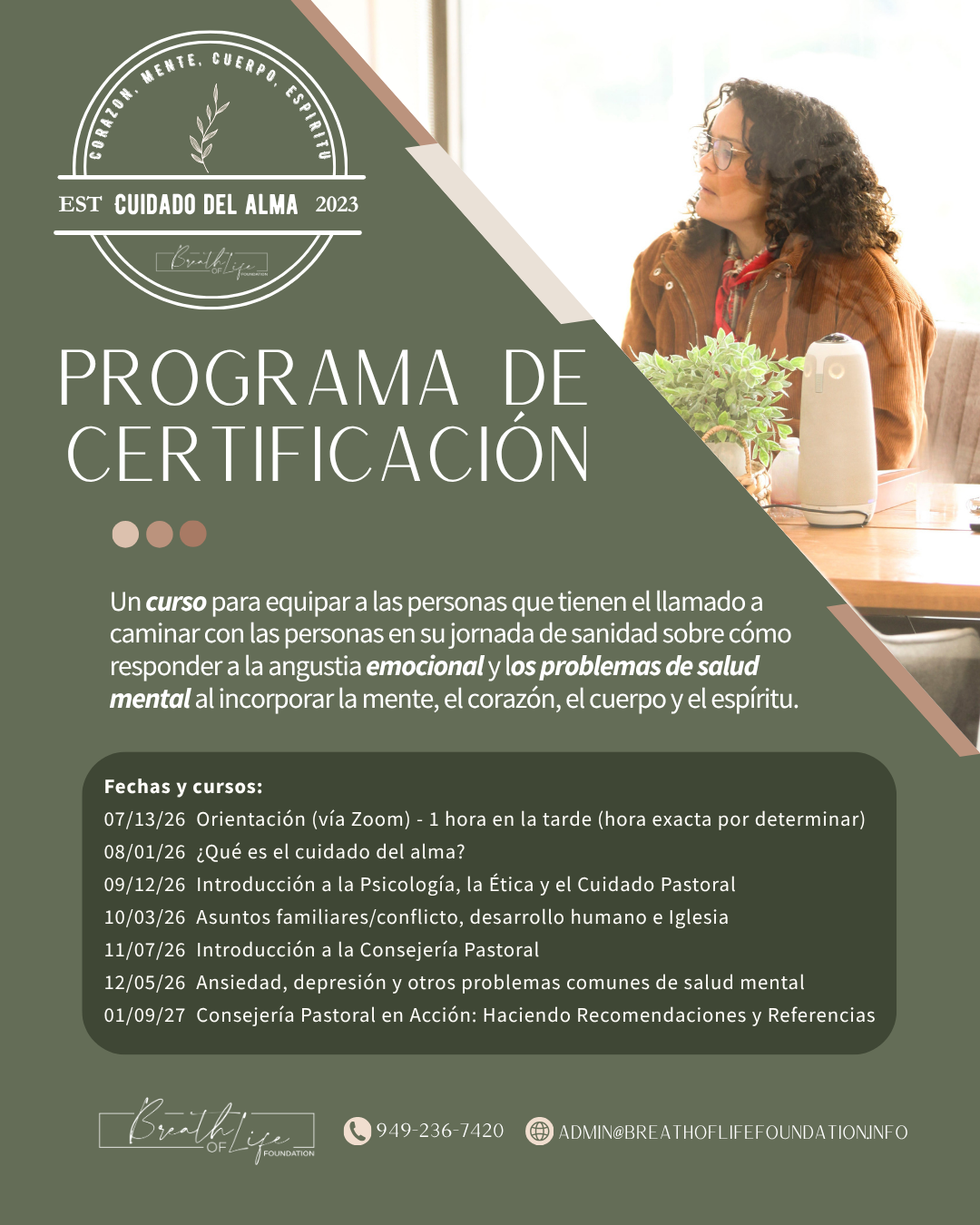Flyer for a certification program on mental health and emotional well-being, featuring a woman with glasses sitting at a table with a plant and a white device, with course details and contact information.
