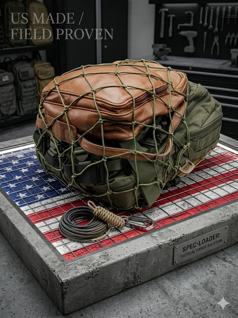 OD green color molle backpack with  an OD green color external backpack net holding a smaller leather bag in a tactical setting.