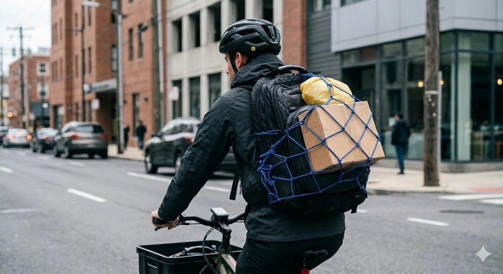 A bike courier wearing a blue color All-American backpack netwith a package and a dry sack in it while riding a bike in the city.