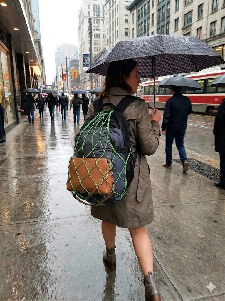 woman holding an umbrella while wearing a black backpack with the All-American backpack net on with her purse and gym bag inside of it to keep her hands free.