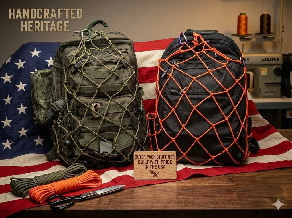 an OD green molle backpack with an OD green backpack net and a Black color backpack with an orange All-American backpack net on an american flag with a craft setting showing made in the USA.