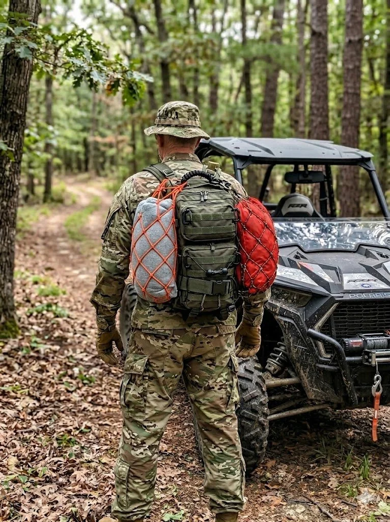 a man wearing an OD green molle pack with two Mini OPSnet on both sides stuffed with a dry bag in each one next to side by side vehicle in the woods