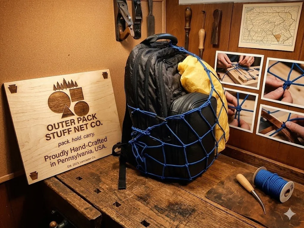 Ablack backpack with The All-American backpack net with a black leather case and a yellow dry sack in it.
