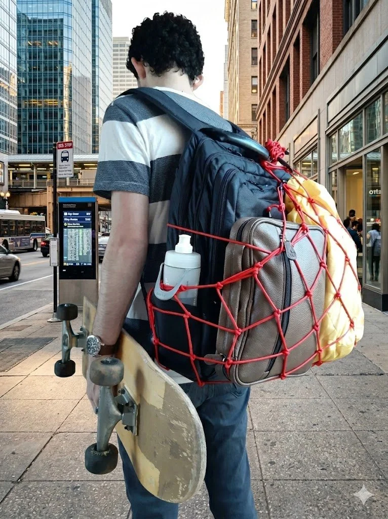 kid wearing a black backpack and a red backpack net on it stuffed with a dry bag and a  medium size leather pouch, holding a skateboard in the city.