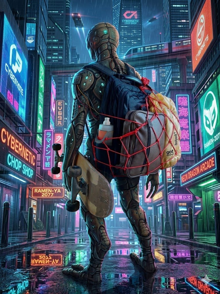 An alien carrying a backpack with a backpack net stuffed with bags, while carrying a skateboard. The city is illuminated with neon signs in multiple languages, advertising various shops and arcades.