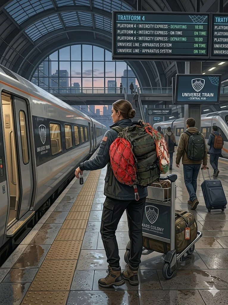 train passenger wearing a molle pack with two mini OPSnet backpack accessories with extra stuff packed in the backpack net while waiting to board the train.