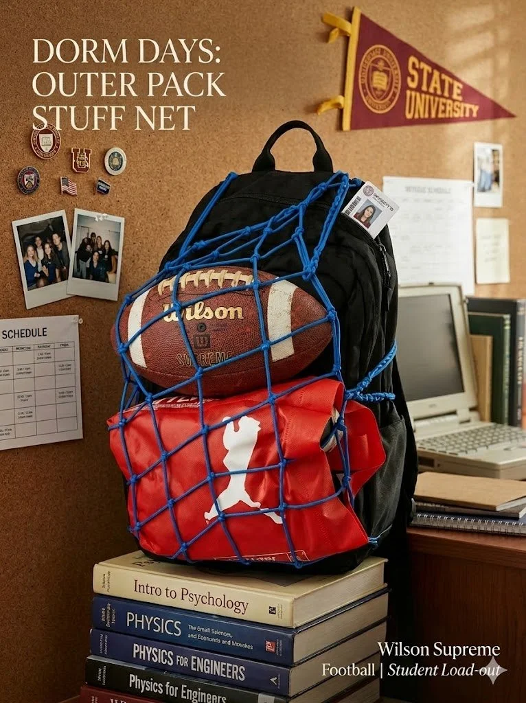 a Black color backpack with a blue All-American backpack net holding a football and a small red bag in it set in a college dorm setting.