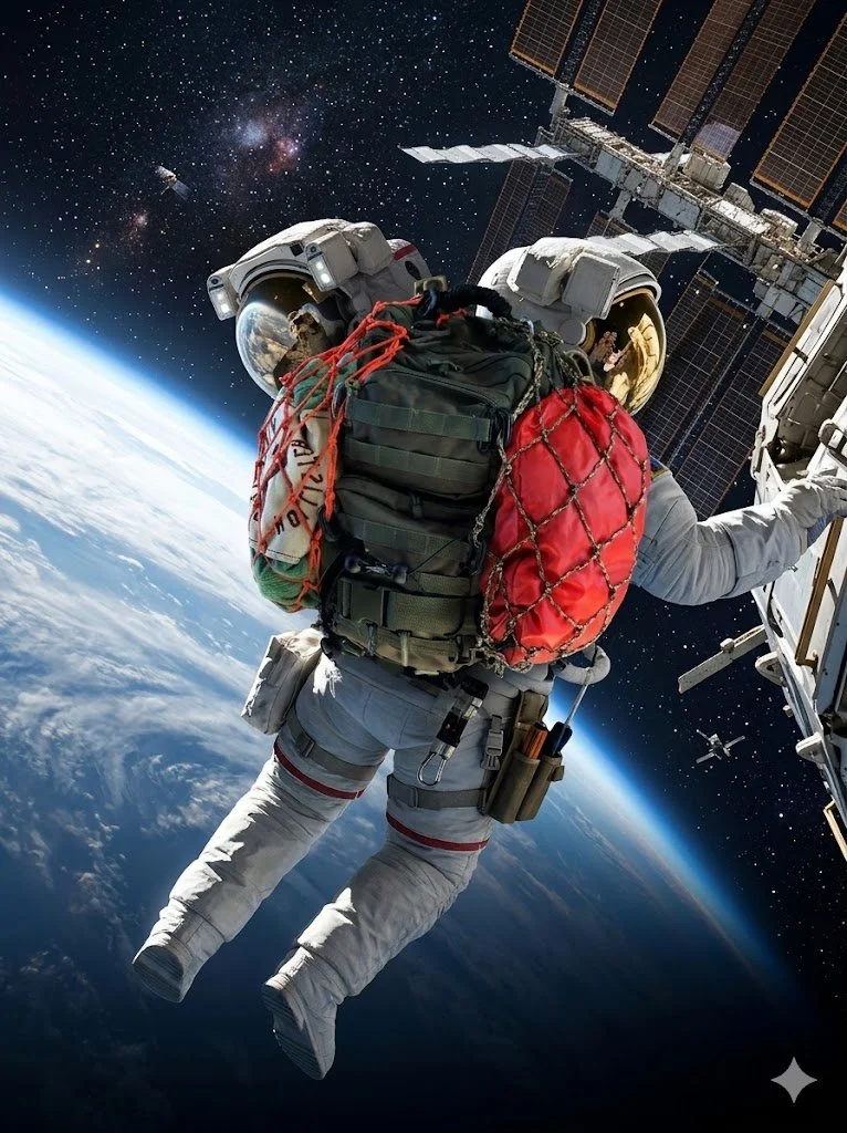 an astronaut wearing an OD green molle backpack with two Mini OPSnet attached to it with a dry bag in one, and an extra tote bag in the other while he is hovering in space by the space station.