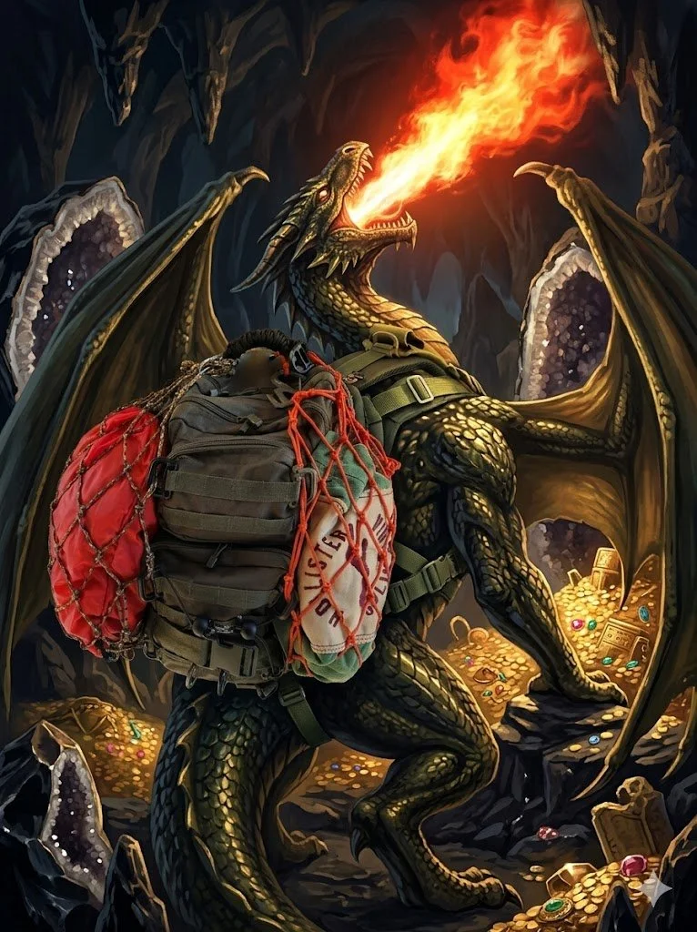 fire breathing dragon wearing a molle backpack with two mini OPSnet on it stuffed with a tote bag and a red dry sack.