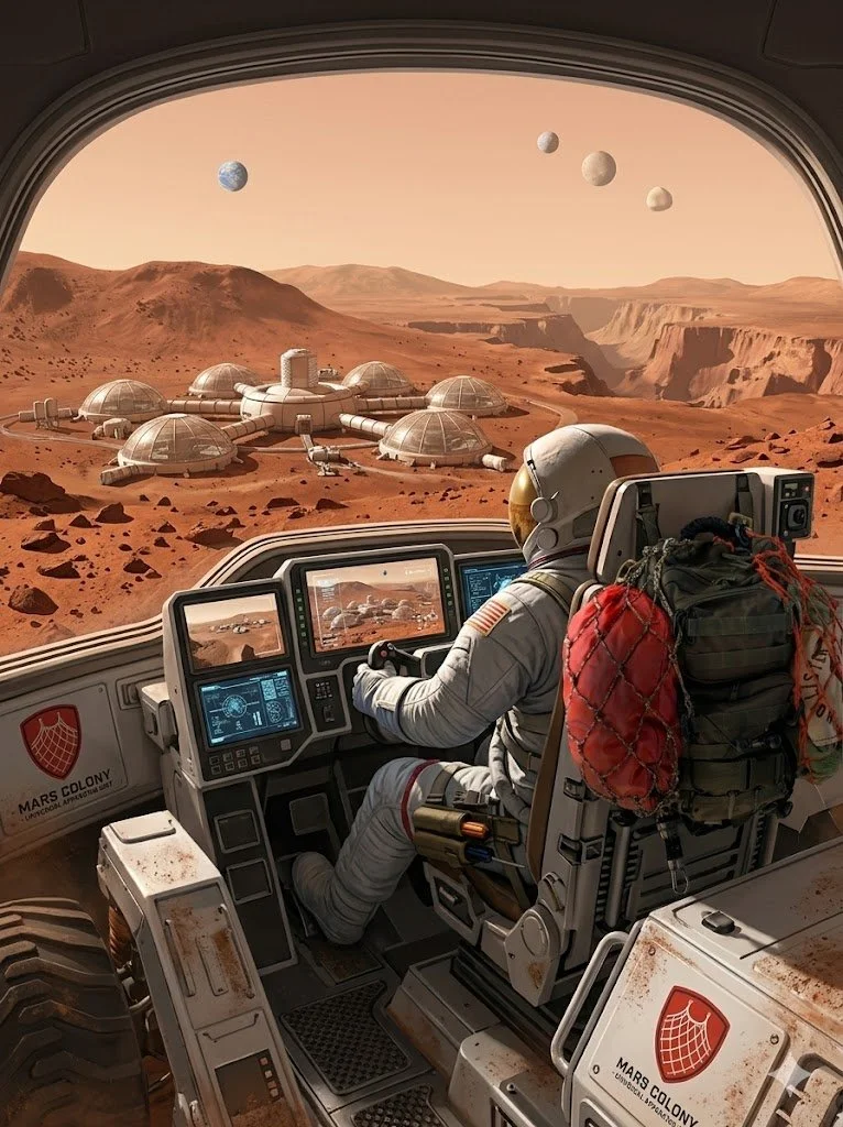 OD green backpack with the Mini OPSnet hanging on the seat of a mars mission rover on a colony exploration on mars.