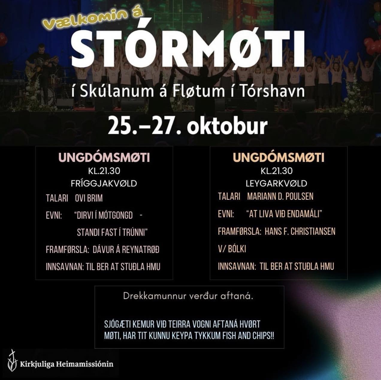 V&aelig;lkomin &aacute; st&oacute;rm&oslash;ti &iacute; kv&oslash;ld kl 19 og ungd&oacute;msm&oslash;ti kl 21:30 🤩🎤