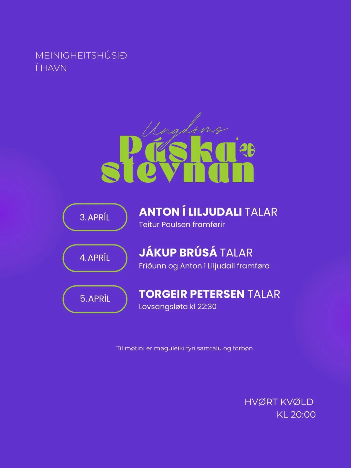 💜Skr&aacute;in fyri Ungd&oacute;msp&aacute;skastevnuna 2026!💜

Vit gle&eth;a okkum at s&iacute;ggja teg! 🫵
Og bj&oacute;&eth;a einum vini vi&eth;!🫶🏻🥰