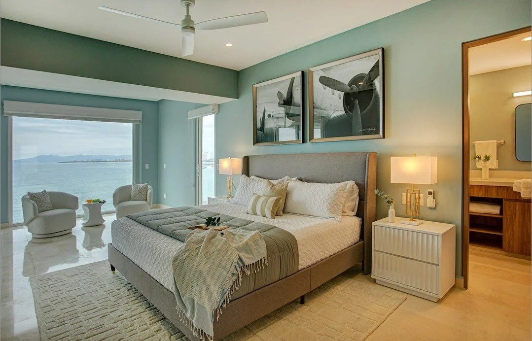 WOKE UP LIKE THIS: Every morning feels like a vacation in the primary suite! 
🛏️ This beautiful upholstered bed and the serene color palette are exactly what we wanted: luxurious but livable. They matched our favorite paint palette exactly! CRATE I