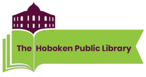 Logo of The Hoboken Public Library with a green open book and purple text.