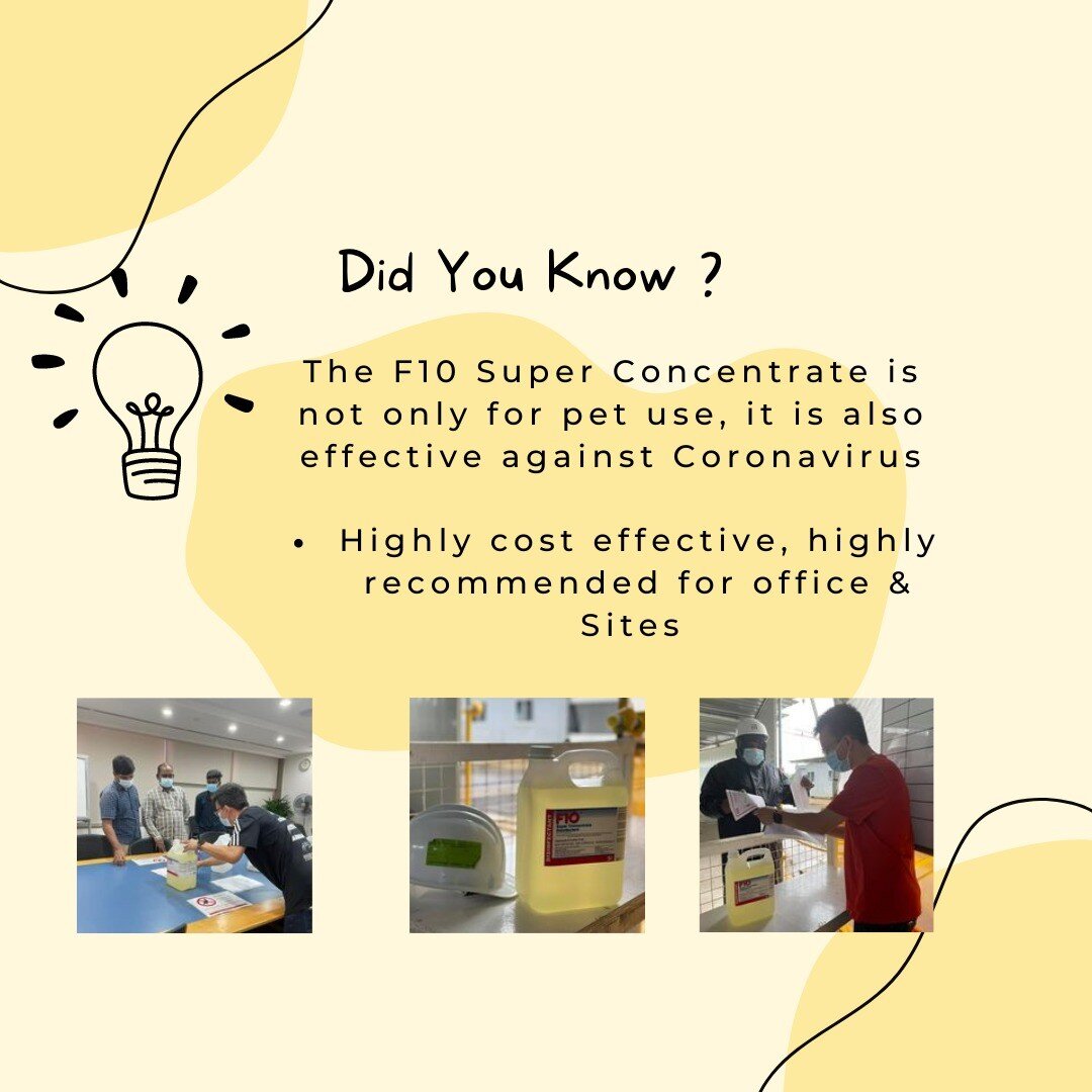 Listed on NEA interim list of disinfectants products against Covid-19, F10 Super Concentrate is something you must have at home. 

- Effective against all enveloped viruses which includes all coronaviruses and SARS-CoV-2
- PH Balanced
- Biodegradable