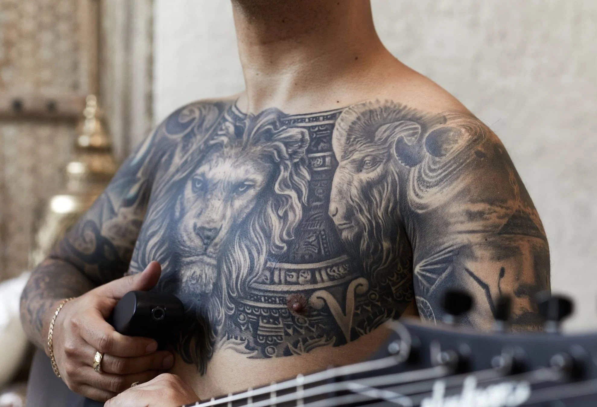 Client Photo, Black & Grey Realism Tattoos, Chest Tattoo, Mikael Ramgard Private Luxury Tattoo Studio in Sydney