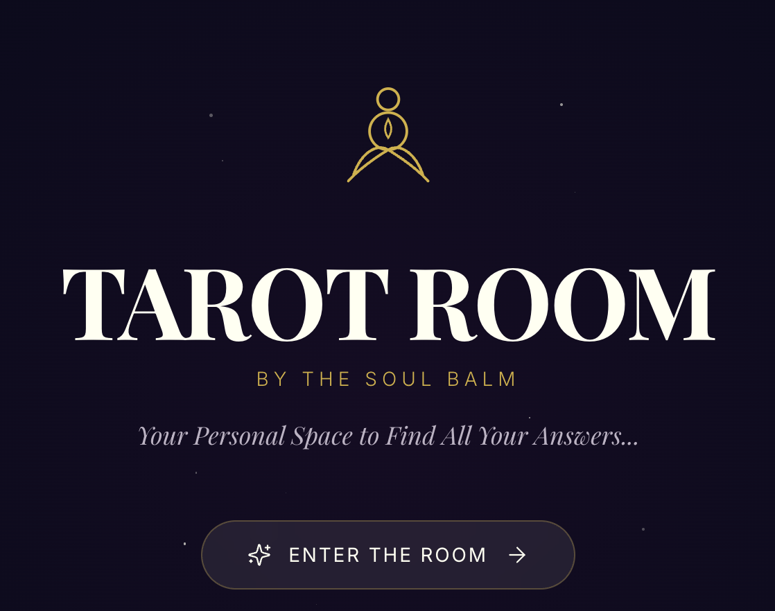A digital invitation or promotional graphic for Tarot Room by The Soul Balm, featuring a dark background with a simple gold outline of a person sitting in a meditative pose, star accents, and a button labeled "Enter the Room."