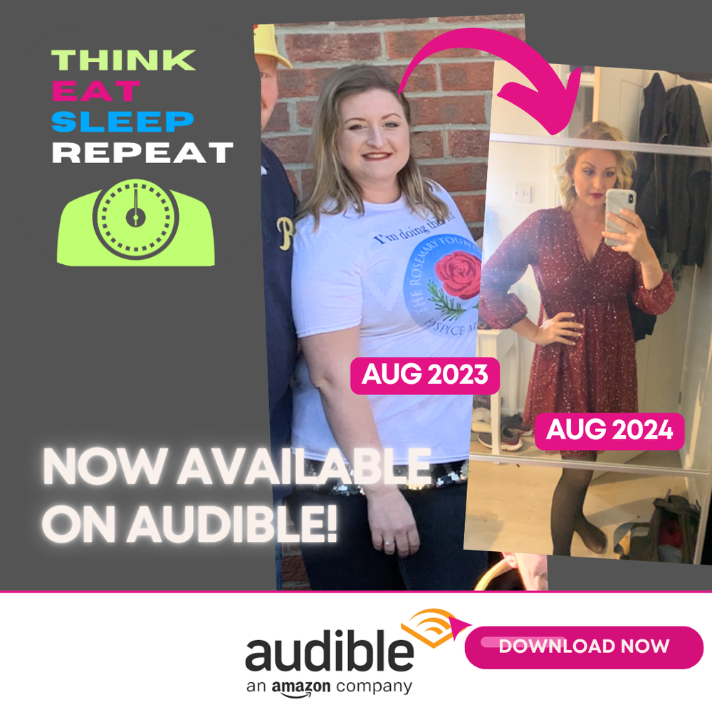 Think Eat Sleep Repeat is now available on Audible. Photographs of a TESR member in August 2023 and again in August 2024 after using the programme.