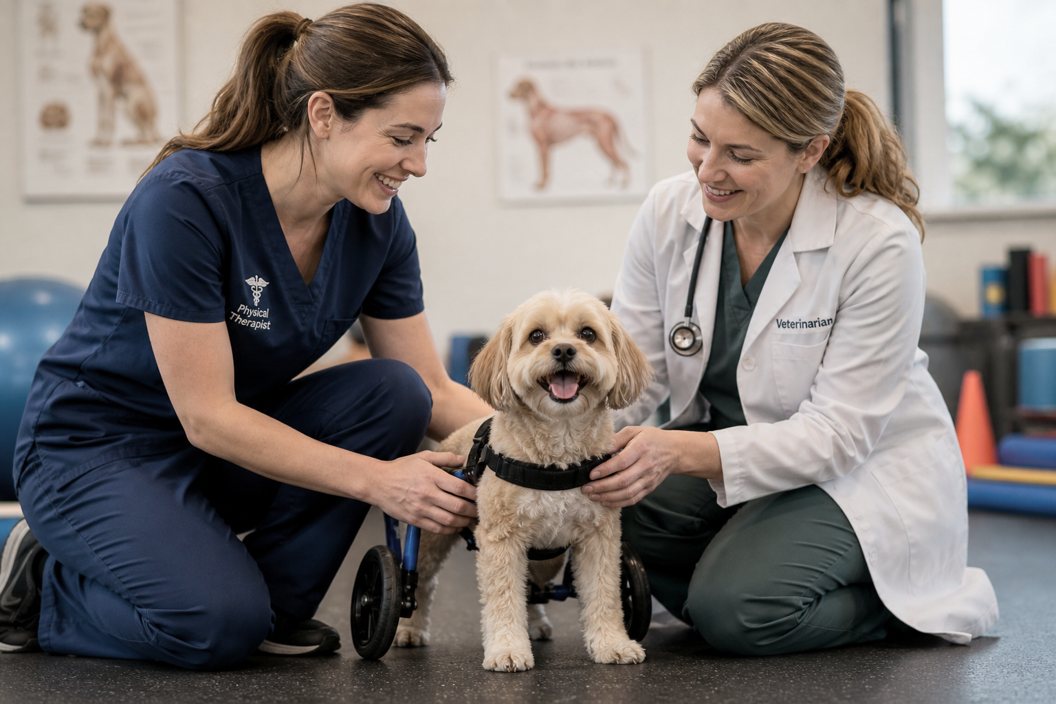 Veterinarian and physical therapist working with small dog in wheelchair