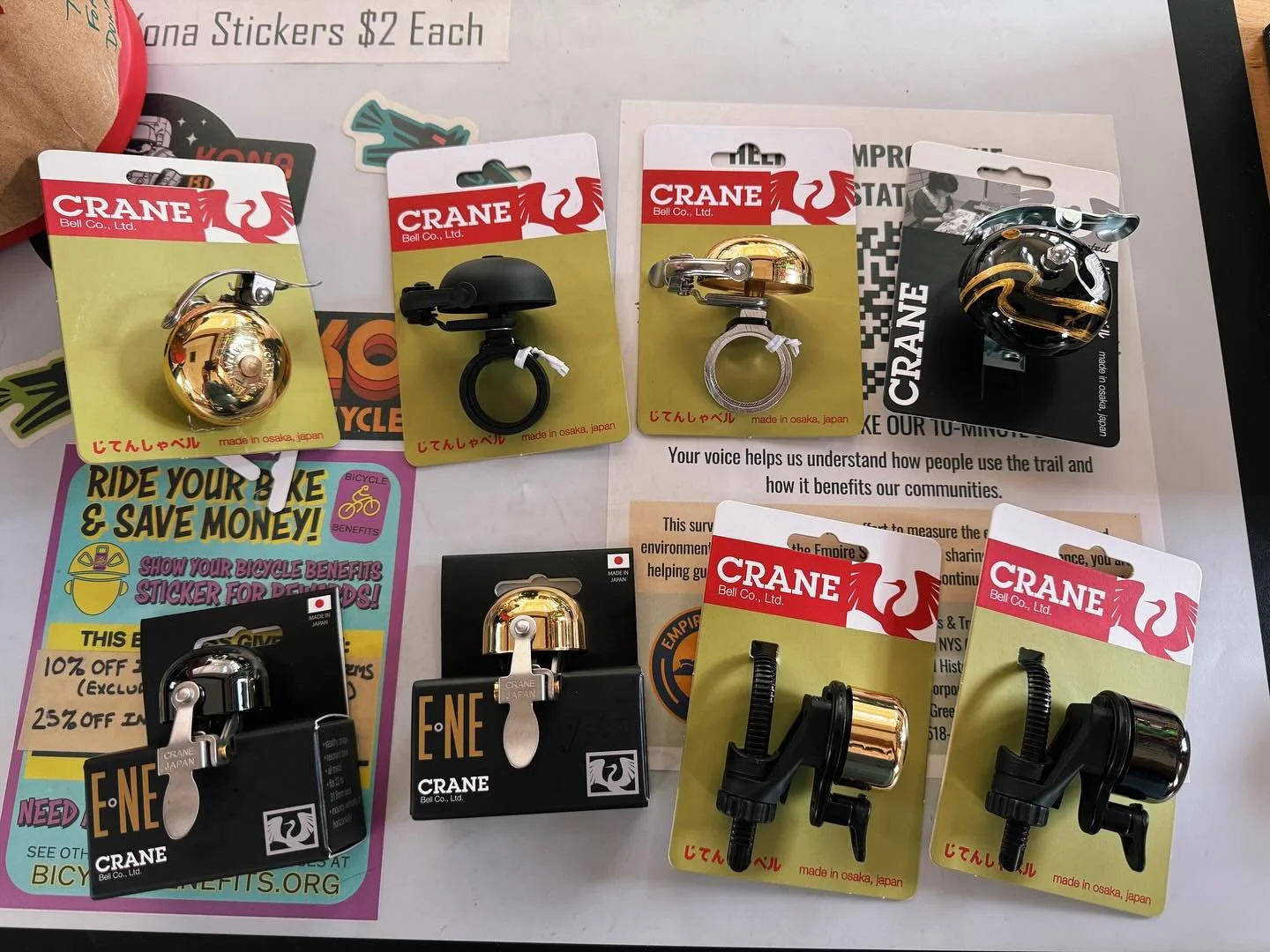 Crane Bell Co. bells back in stock. Grab one for yourself or your favorite bicyclist(s)! We&rsquo;re here Friday, Saturday, and Sunday 10am-5pm.