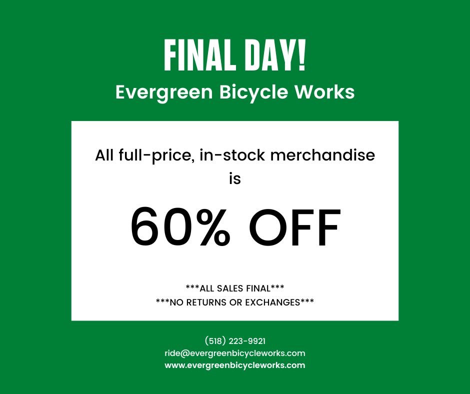 Today is our last day. We won&rsquo;t be opening Sunday due to the incoming storm. All full-price, in-stock inventory is 60% off. Rental bikes are available for $500 each. We have a double sided work stand available for $900. 10am-5pm. Stop in!
